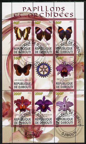 Djibouti 2010 Butterflies & Orchids #1 perf sheetlet containing 8 values plus label with Rotary logo fine cto used, stamps on butterflies, stamps on orchids, stamps on flowers, stamps on rotary
