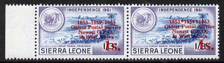 Sierra Leone 1963 Postal Commemoration 1s on 1s3d (Lumley Beach) marginal pair, one stamp with 'asterisks' error, unmounted mint, SG 276a, stamps on , stamps on  stamps on postal  tourism  varieties    cats