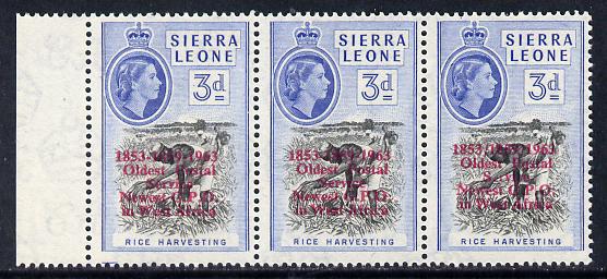 Sierra Leone 1963 Postal Commemoration 3d (Rice Harvesting) marginal strip of 3, one stamp with  'obliques' between dates, unmounted mint SG 273b, stamps on agriculture    food    postal    farming