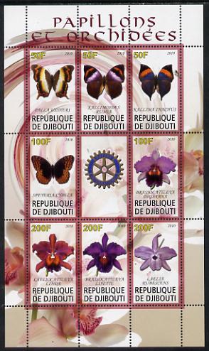 Djibouti 2010 Butterflies & Orchids #1 perf sheetlet containing 8 values plus label with Rotary logo unmounted mint, stamps on butterflies, stamps on orchids, stamps on flowers, stamps on rotary