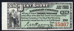Cinderella - United States $20 Interest coupon for The West Shore Railroad Company Mortgage Bond (Paddle Steamer vignette on reverse) , stamps on cinderellas, stamps on railways, stamps on ships, stamps on paddle steamers