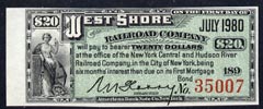 Cinderella - United States $20 Interest coupon for The West Shore Railroad Company Mortgage Bond (Paddle Steamer vignette on reverse) , stamps on , stamps on  stamps on cinderellas, stamps on railways, stamps on ships, stamps on paddle steamers