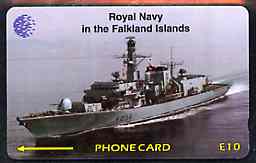 Telephone Card - Falkland Islands �10 'phone card showing HMS Iron Duke, stamps on ships    