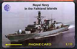 Telephone Card - Falkland Islands £10 phone card showing HMS Iron Duke, stamps on ships