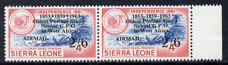 Sierra Leone 1963 Postal Commemoration 2s6s on 4d (Lumley Beach) pair, one stamp with 'asterisks' variety, unmounted mint, SG 281b, stamps on , stamps on  stamps on postal  tourism  varieties    cats     lion  