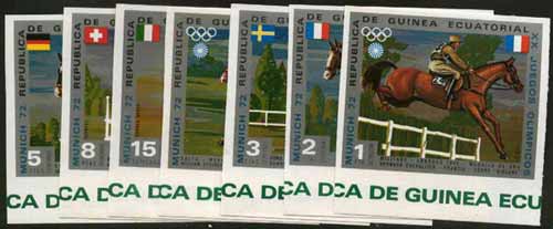 Equatorial Guinea 1972 Munich Olympics (5th series) 3-Day Eventing imperf set of 7 with silver background unmounted mint, Mi A126-32, stamps on , stamps on  stamps on olympics     horses    sport