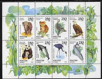 Russia 1993 Animals sheetlet containing se-tenant block of 8 unmounted mint, SG 6449-56, Mi 351-8, stamps on , stamps on  stamps on animals, stamps on  stamps on elephant, stamps on  stamps on crane, stamps on  stamps on panda, stamps on  stamps on eagle, stamps on  stamps on porpoise, stamps on  stamps on koala bear, stamps on  stamps on birds, stamps on  stamps on birds of prey    seal, stamps on  stamps on whales