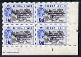 Sierra Leone 1963 Postal Commemoration 9d on 1.5d (Piassava Workers) plate block of 4, one stamp with 'asterisks' variety, unmounted mint, SG 275a, stamps on , stamps on  stamps on crafts  industry  postal  varieties