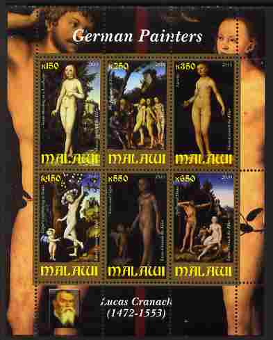 Malawi 2010 Art - German Painters - Cranach perf sheetlet containing 6 values unmounted mint, stamps on arts, stamps on nudes, stamps on cranach