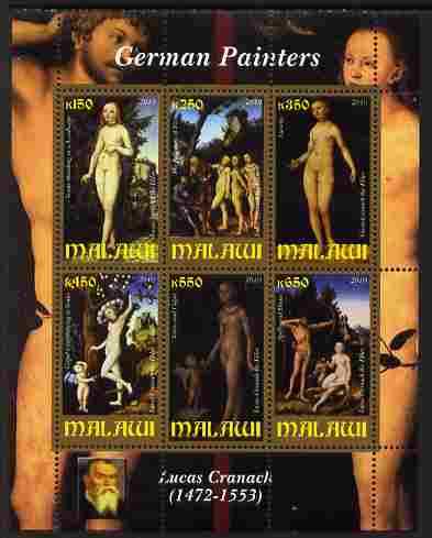 Malawi 2010 Art - German Painters - Cranach perf sheetlet containing 6 values unmounted mint, stamps on , stamps on  stamps on arts, stamps on  stamps on nudes, stamps on  stamps on cranach