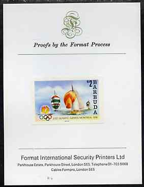 Barbuda 1976 Montreal Olympic Games imperf proof of UNISSUED $2 (Sailing) stamp size in full colour mounted on Format Proof card 96 mm x 127mm, superb & rare, stamps on olympics, stamps on sailing