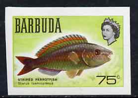 Barbuda 1968 imperf proof 75c (Parrotfish) from the first QEII def set on ungummed paper, as SG 24 exceptionally rare, stamps on , stamps on  stamps on fish