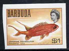 Barbuda 1968 imperf proof $1 (Squirrelfish) from the first QEII def set on ungummed paper, as SG 25 exceptionally rare, stamps on , stamps on  stamps on fish