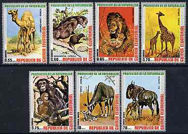 Equatorial Guinea 1974 African Animals perf set of 7 unmounted mint, Mi 9475-81, stamps on , stamps on  stamps on animals     camels    cats     lion     oryx    giraffe    apes    gnu     mongoose