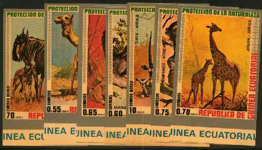 Equatorial Guinea 1974 African Animals imperf set of 7 on yellow paper unmounted mint, Mi A9475-81, stamps on , stamps on  stamps on animals     camels    cats     lion     oryx    giraffe    apes    gnu     mongoose