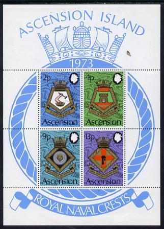 Ascension 1973 Royal Naval Crests - 5th series perf m/sheet unmounted mint, SG MS 170, stamps on ships