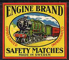 Match Box Labels -  Engine Brand match box label (dozen outer size) Made in Sweden, stamps on railways