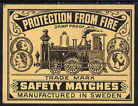 Match Box Labels -  Protection From Fire (Steam Engine) match box label (dozen outer size) Made in Sweden, stamps on , stamps on  stamps on railways