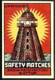 Match Box Labels - Lighthouse dozen size outer label by Radha Match factory (India), stamps on lighthouses