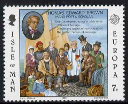 Isle of Man 1980 Europa - Thomas Edward Brown (Poet) Stained Glass Window 7p unmounted mint, SG 177, stamps on , stamps on  stamps on europa, stamps on  stamps on poetry, stamps on  stamps on stained glass