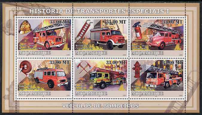 Mozambique 2009 History of Transport - Fire Engines perf sheetlet containing 6 values unmounted mint, stamps on , stamps on  stamps on fire, stamps on  stamps on transport