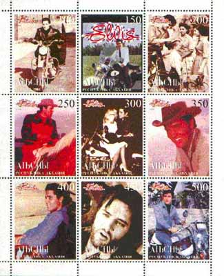 Abkhazia 1999 Elvis Presley perf sheetlet containing complete set of 9 unmounted mint, stamps on , stamps on  stamps on elvis, stamps on  stamps on pop, stamps on  stamps on films, stamps on  stamps on motorbikes