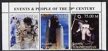 Turkmenistan 1999 Space -3 values from Events & People of the 20th Century unmounted mint, stamps on , stamps on  stamps on space, stamps on  stamps on shuttle, stamps on  stamps on millennium