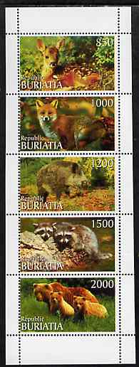Buriatia Republic 1999 Wild Animals perf sheetlet containing complete set of 5 unmounted mint, stamps on animals     deer     fox, stamps on  fox , stamps on foxes, stamps on  