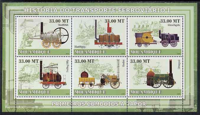 Mozambique 2009 History of Transport - Railways #01 perf sheetlet containing 6 values unmounted mint, stamps on , stamps on  stamps on railways, stamps on  stamps on transport