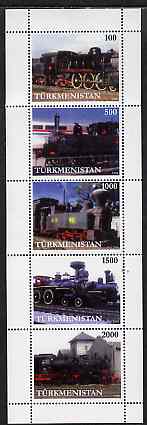 Turkmenistan 1998 Steam Locomotives perf sheetlet containing complete set of 5 unmounted mint, stamps on , stamps on  stamps on railways