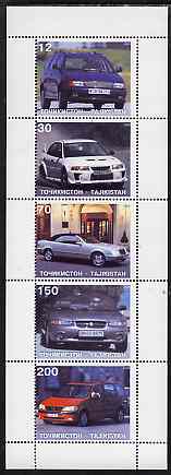 Tadjikistan 1998 Modern Cars perf sheetlet containing complete set of 5, stamps on cars, stamps on  vw , stamps on mercedes