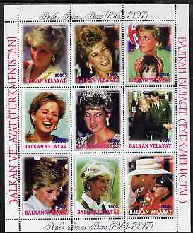 Turkmenistan (Balkan Velayat) 1998 Diana, The People's Princess perf sheetlet containing complete set of 9 unmounted mint, stamps on royalty      diana    