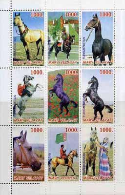 Turkmenistan (Mary Velayat) 1998 Horses perf sheetlet containing complete set of 9 unmounted mint, stamps on , stamps on  stamps on horses