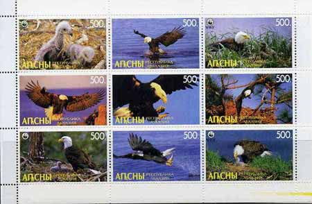 Abkhazia 1998 WWF - Eagles perf sheetlet containing complete set of 9 unmounted mint, stamps on , stamps on  stamps on birds    birds of prey    eagles, stamps on wwf, stamps on  stamps on  wwf , stamps on  stamps on 