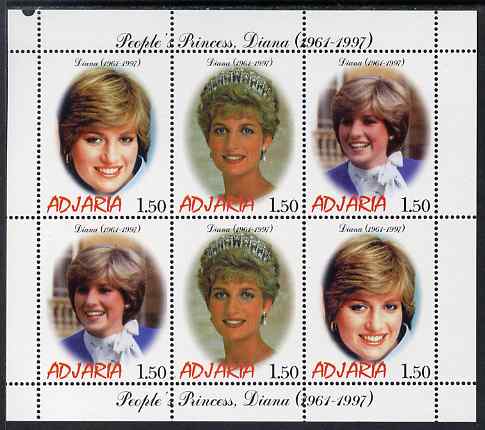 Adjaria 1998 Diana, The Peoples Princess perf sheetlet containing 6 values (2 sets of 3) unmounted mint, stamps on diana, stamps on royalty