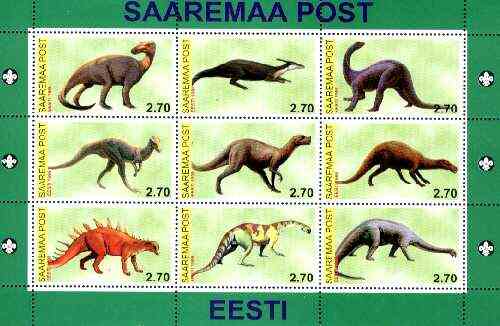 Estonia (Saaremaa) 1998 Dinosaurs perf sheetlet containing complete set of 9 with Scout logo in margins unmounted mint, stamps on , stamps on  stamps on dinosaurs     scouts