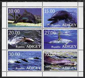 Adigey Republic 1999 Whales & Dolphins perf sheetlet containing complete set of 6 unmounted mint, stamps on , stamps on  stamps on whales     dolphins