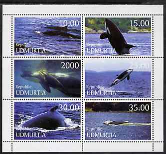 Udmurtia Republic 1999 Whales perf sheetlet containing complete set of 6 unmounted mint, stamps on , stamps on  stamps on whales     dolphins