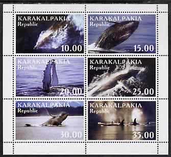 Karakalpakia Republic 1999 Whales perf sheetlet containing complete set of 6 unmounted mint, stamps on , stamps on  stamps on whales