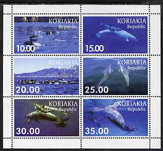 Koriakia Republic 1999 Dolphins perf sheetlet containing complete set of 6 unmounted mint, stamps on , stamps on  stamps on whales