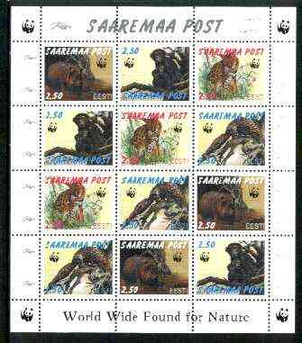 Estonia (Saaremaa) 1998 WWF - Wild Animals perf sheetlet containing complete set of 12 (3 sets of 4) unmounted mint, stamps on , stamps on  stamps on wwf, stamps on animals, stamps on hippo, stamps on apes, stamps on cats, stamps on  stamps on  wwf , stamps on  stamps on 