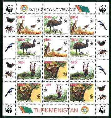 Turkmenistan (Dashkhovuz Velayat) 1998 WWF - Wild Animals & Birds perf sheetlet containing complete set of 12 (3 sets of 4) unmounted mint, stamps on wwf, stamps on animals, stamps on emu, stamps on lyre bird, stamps on kangaroo, stamps on koala bears, stamps on  wwf , stamps on 