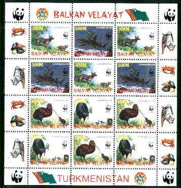 Turkmenistan (Balkan Velayat) 1998 WWF - Wild Animals & Birds perf sheetlet containing complete set of 12 (3 sets of 4) unmounted mint, stamps on , stamps on  stamps on wwf     animals    sharks    , stamps on  stamps on  wwf , stamps on  stamps on 