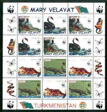 Turkmenistan (Mary Velayat) 1998 WWF - Wild Animals & Birds perf sheetlet containing complete set of 12 (3 sets of 4) unmounted mint, stamps on , stamps on  stamps on wwf     animals    swans    , stamps on  stamps on  wwf , stamps on  stamps on 