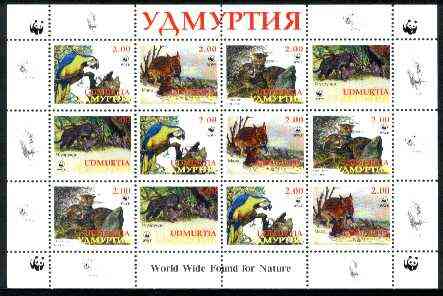 Udmurtia Republic 1998 WWF - Wild Animals & Birds perf sheetlet containing complete set of 12 (3 sets of 4) unmounted mint, stamps on , stamps on  stamps on wwf     animals      cats    parrots, stamps on  stamps on  wwf , stamps on  stamps on 