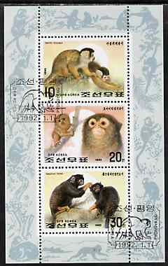 North Korea 1992 Monkeys sheetlet containing set of 3 very fine cto used, SG N3108-10, stamps on , stamps on  stamps on apes, stamps on  stamps on animals