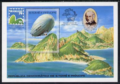 St Thomas & Prince Islands 1979 Rowland Hill (Brasiliana & Zeppelin) m/sheet Mi BL 36A unmounted mint, stamps on aviation, stamps on postal, stamps on upu, stamps on rowland hill, stamps on airships, stamps on zeppelins, stamps on  upu , stamps on 