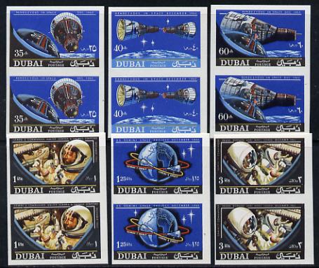 Dubai 1966 Gemini Space Rendezvous set of 6 in imperf pairs (as SG 208-13) unmounted mint, stamps on , stamps on  stamps on space