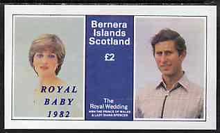 Bernera 1982 Royal Baby opt on Royal Wedding £2 imperf deluxe Sheet (Charles & Diana) unmounted mint, stamps on charles, stamps on diana, stamps on royalty, stamps on william