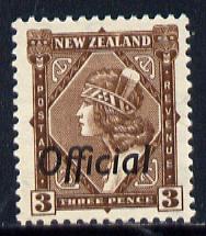 New Zealand 1936-61 Maori Girl 3d def Opt'd Official unmounted mint, SG O125, stamps on costumes, stamps on  kg5 , stamps on  kg6 , stamps on 